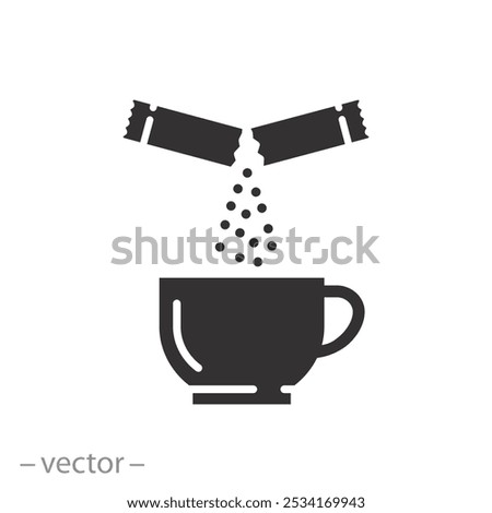 icon of sachet sugar throw in cup, sugary coffee or tea, flat vector illustration