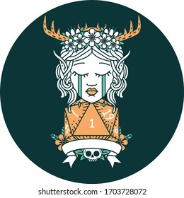 icon of sad elf druid character face with natural one D20 roll