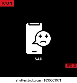 Icon Sad emoticon and smartphone flat vector isolated sign, glyph style pictogram isolated on black. Sign or symbol for contact us, web.