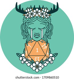 icon of sad half orc druid character with natural one dice roll