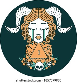 icon of sad tiefling with natural one d20 dice roll