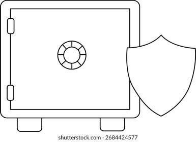 Icono de una caja fuerte y escudo con un fondo blanco. con líneas negras