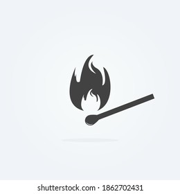 Icon of safety match. Fire, light, flames. Burning match icon on grey background. Vector