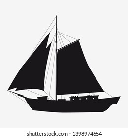 Icon sailboat, boat, yacht side view silhoutte. Vector, isolated simple style symbol sign and button