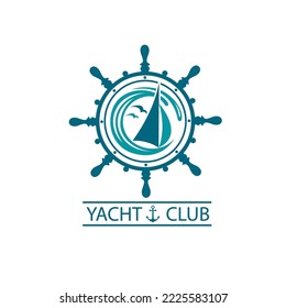 icon of sailing yacht, helm and ocean waves with seagulls