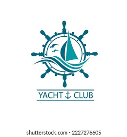 icon of sailing yacht, helm and ocean waves with seagulls