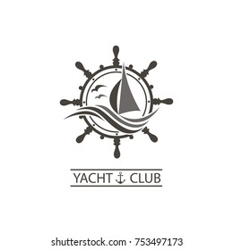 icon of sailing yacht, helm and ocean waves with seagulls