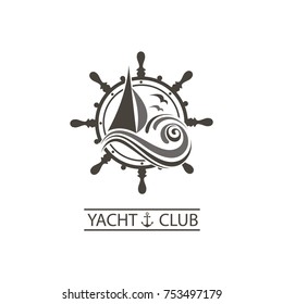 icon of sailing yacht, helm and ocean waves with seagulls