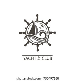 icon of sailing yacht, helm and ocean waves with seagulls