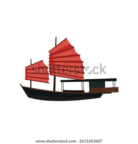 Icon sailling boat minimalist vector hand drawn. Traditional vessel junk boat transportation in flat style design for illustration, icon, educational purpose, poster, advertising, infographic content