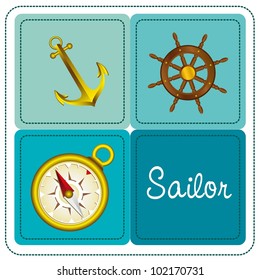 icon sailor, boat has rudder, anchor and compass, vector illustration