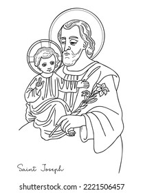 Icon Saint Joseph the Betrothed with divine Child, Jesus Christ and blooming lily. Vector illustration. Hand drawn. outline doodle for design and decoration of religious themes