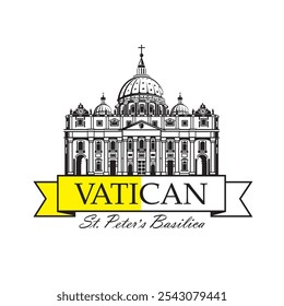 icon of Saint Peters Basilica at Vatican and flag isolated on white background