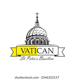 icon of Saint Peters Basilica at Vatican and flag isolated on white background