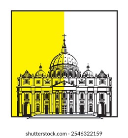 icon of Saint Peters Basilica at Vatican and flag isolated on white background