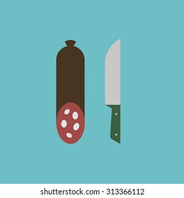 icon of salami with knife. Meal web UI pictogram