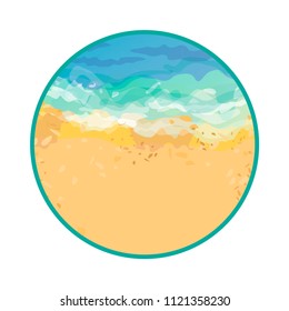 Icon sandy beach, the ocean coast of the sea azure wave. Tropical travel, summer holidays, tourism. Background pattern. Colorful hand drawn vector stock illustration. 