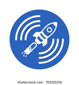 Icon of a satellite rocket in a blue circle on a white background