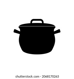 The icon of the saucepan for cooking the first dishes is black on a white background. Vector image.