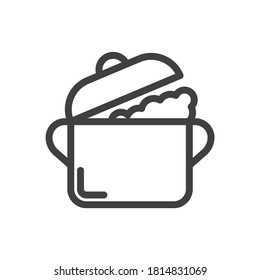 Icono de una cacerola con una tapa abierta y vapor saliendo de ella. Imagen lineal simple. Vector aislado sobre fondo blanco.
