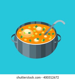 Icon saucepan with soup isolated on a blue background. Tasty soup in a metal pan in a flat style. Vector illustration.