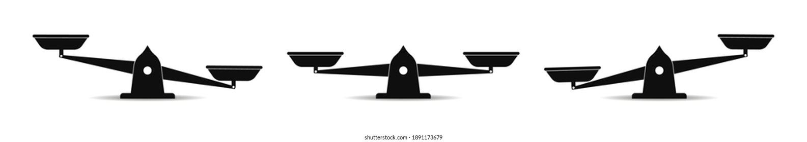 Icon of scale and balance. Justice icon. Logo for judge and legal. Comparison of weight on scale of justice. Weigh of truth. Illustration of acquit, lawsuit, attorney and sentence. Black logos. Vector