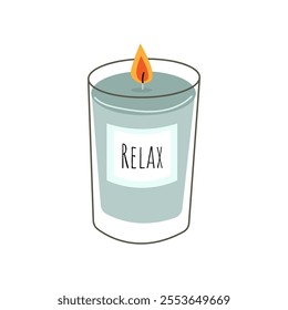 Icon scented candle. Cozy aromatic candle. Aromatherapy and relaxation. Hand drawn flat vector illustration isolate on white .Trendy candle. Modern scented cozy hygge candle for home interior decor.