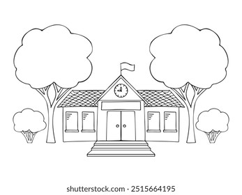 Icon of school building, official building, central station, city hall, court, seat of government with trees, bushes in line style. Hand drawn doodles on transparent background. Outline sketch drawing