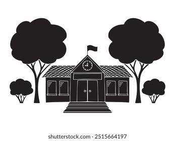 Icon of school building, official building, central station, city hall, seat of government with trees, bushes in flat style. Hand drawn doodles on transparent background. Silhouette sketch drawing