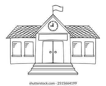 Icon of school building, official building, central station, city hall, court, seat of government in line style. Hand drawn doodles on transparent background. Outline sketch drawing