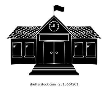 Icon of school building, official building, central station, city hall, court, seat of government in flat style. Hand drawn doodles on transparent background. Silhouette sketch drawing