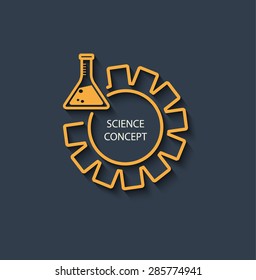 Icon for a science concept. Logo science  -  the yellow test tube with a gear on a dark gray background, flat design.