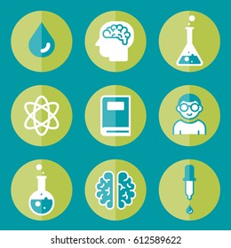 Icon science set flat book brain man professor research tube. Vector Illustration Set