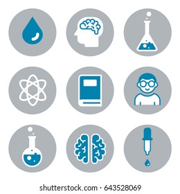 Icon science set flat book brain presentation man professor research tube. Vector Illustration Set