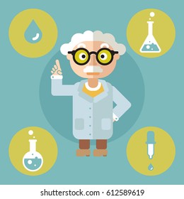 icon science set flat scientist symbol scientist in glasses, scholar, researcher professor elements evidence doctor in the robe