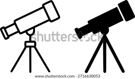 Icon for science, telescope illustration, outline and silhouette versions
