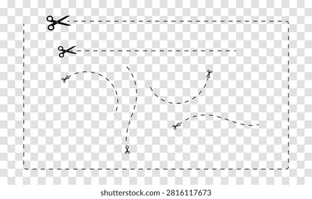 Icon of scissors doted line  path.Scissors cut line icon set, open and closed scissor positions with dashed. Vector Illustration 