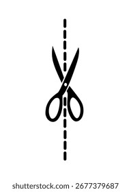 Eine Ikone einer Schere mit gepunkteter Schnittlinie, die Schnitt, Handwerk, Nähen und ausgeschnittenes Symbol darstellt, das für das grafische und digitale Design geeignet ist