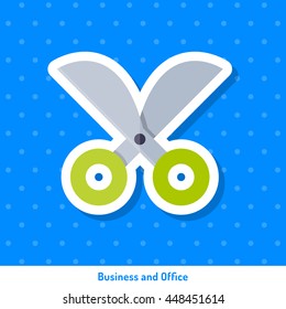 Icon of scissors on blue background in flat style. Sign, symbol, sticker for web design.