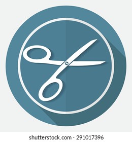Icon scissors on white circle with a long shadow
