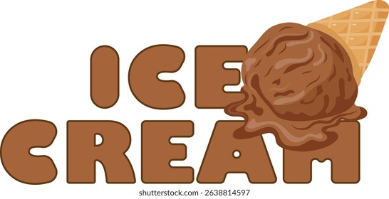 icon of a scoop of melting chocolate ice cream with the name of the food, for printing and social media