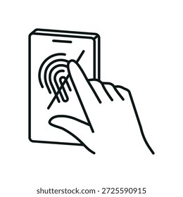 Symbol des Bildschirmschutzes mit Fingerabdruck-Schutz mit stilisiertem Smartphone, Fingerberührungsdisplay und gekreuztem Fingerabdrucksymbol, mit Anti-Verschmutzungsschutz, sauberer Oberfläche und eingeschränktem Fingerabdruckzeichen