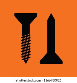 Icon of screw and nail. Orange background with black. Vector illustration.