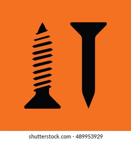 Icon of screw and nail. Orange background with black. Vector illustration.