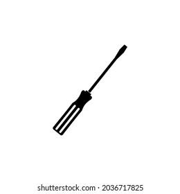 Icono de un destornillador con una punta plana de metal con un asa de plástico sobre un fondo blanco. Una imagen vectorial.