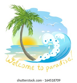 icon with the sea and palm tree. vector illustration