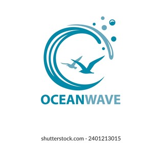 icon of sea waves with seagulls isolated on white background