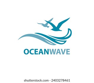 icon of sea waves with seagulls isolated on white background