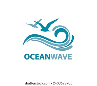 icon of sea waves with seagulls isolated on white background