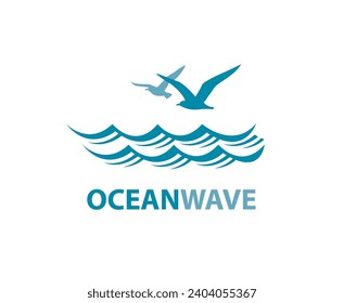 icon of sea waves with seagulls isolated on white background